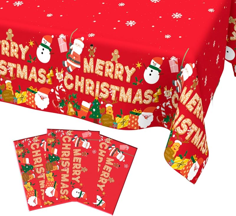 Christmas Tablecloth, 3 Pack Christmas Table Cloth Disposable for Rectangle Tables, Snowflake Xmas Tree Plastic Xmas Table Cover for Holiday Party Decoration Party Favor Supplies 54 x 108 Inches