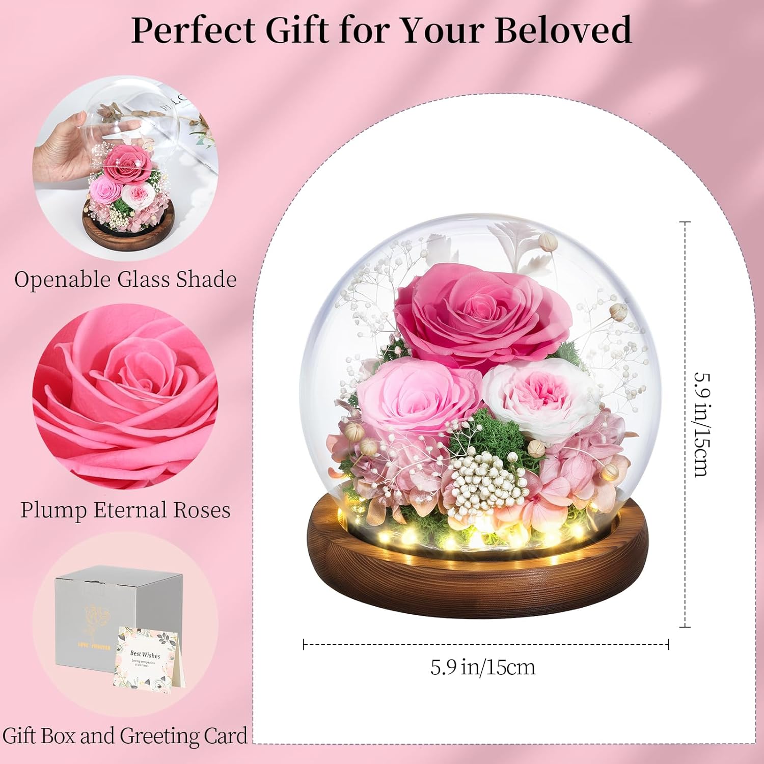 Emibele Valentines Eternal Rose Gifts for Her Girlfriend, Preserved Real Rose in Glass Dome with LED Light, Flowers for Delivery Prime, Birthday Anniversary for Women Wife Mom - Image 3