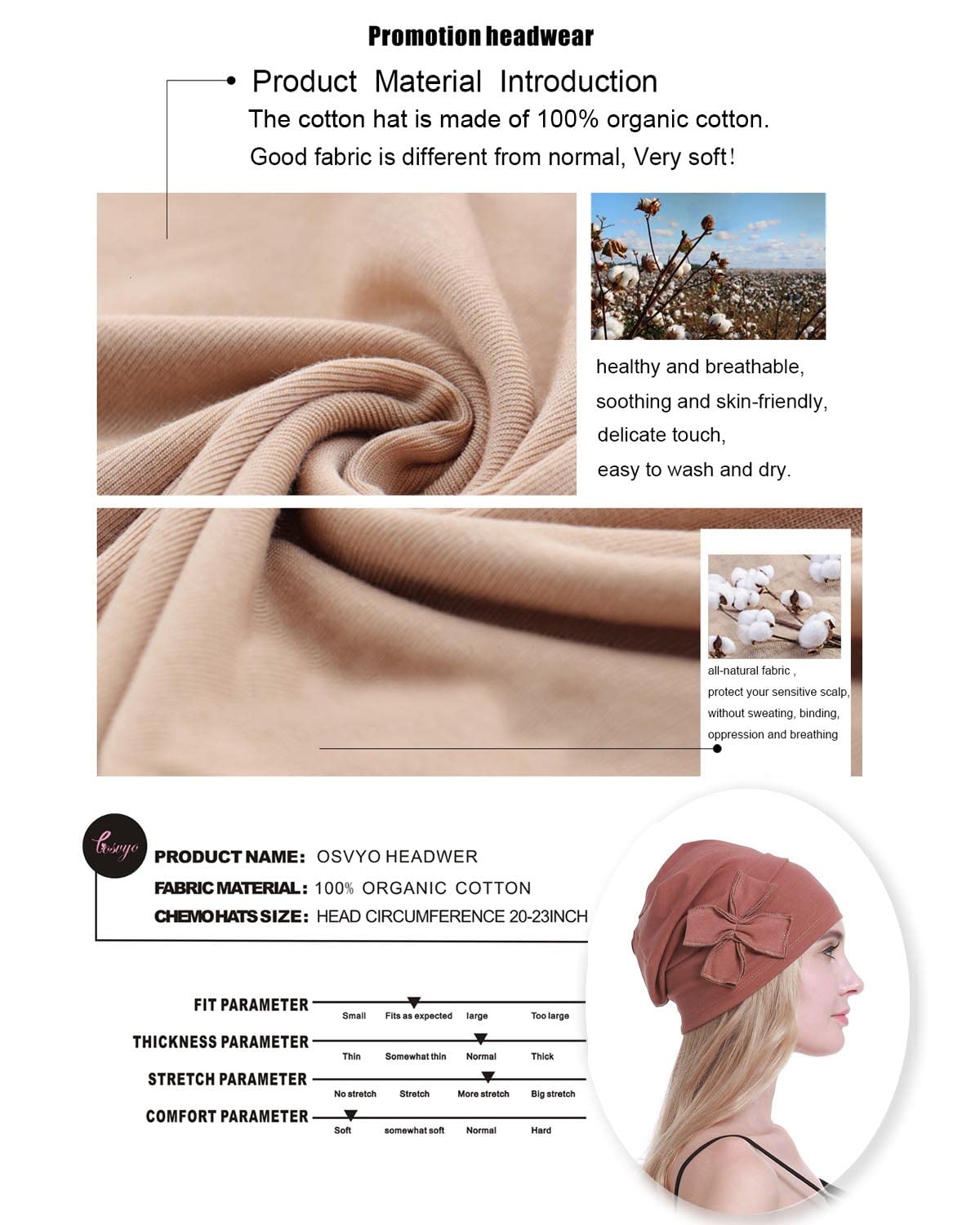 osvyo Bamboo Chemo Headscarf for Women Hair Loss – Cancer Slip On Headwear Turbans Sealed Packaging