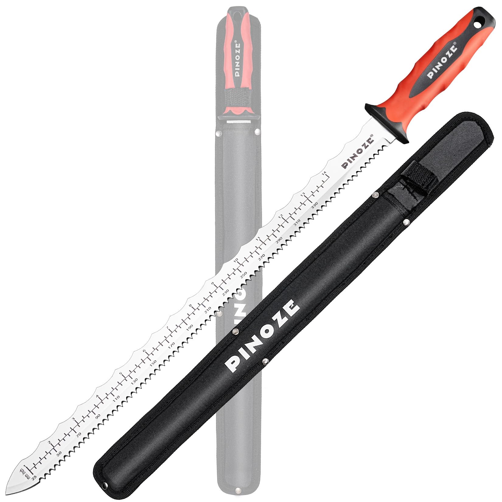 Pinoze 16" Insulation Knife, Stainless Steel Blade Insulation Cutter w/Laser Scale, Dual-Side Serrated Duct Knife Tool with Sheath for Cutting Heat