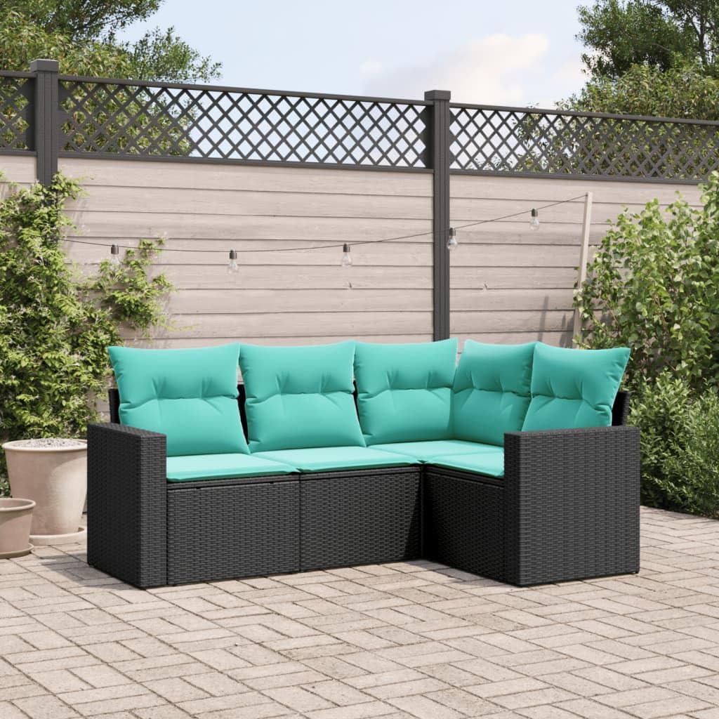 vidaXL - Patio Sofa Set with Cushions - 4 Piece Outdoor Black Poly Rattan - Modular Garden Furniture for Patio, Deck, Terrace
