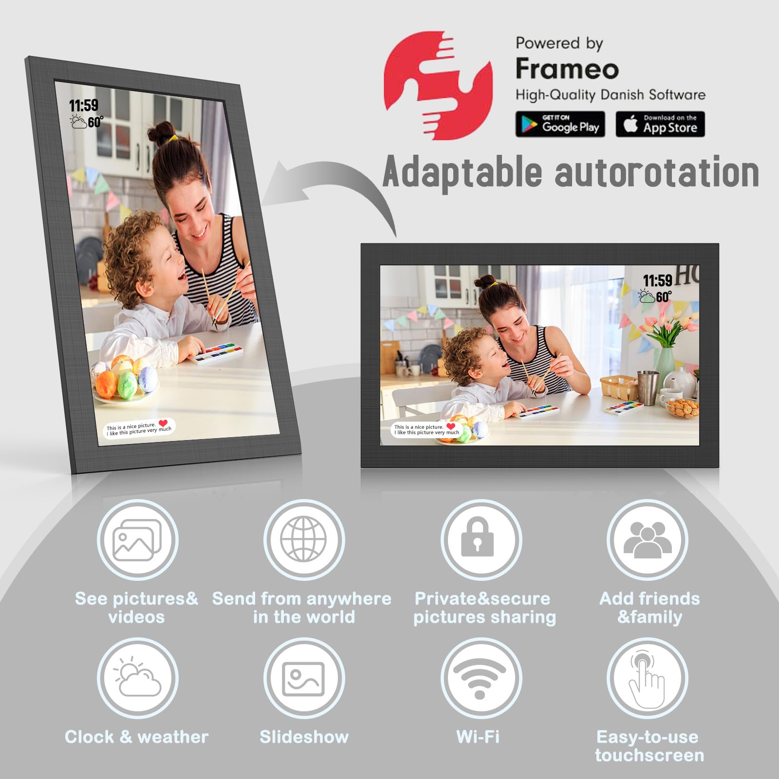Cadre photo numérique WiFi 15,6" IPS écran tactile HD, clips vidéo et diaporama, rotation automatique, montage mural, envoie des photos instantanément depuis n'importe où avec l'application Frameo