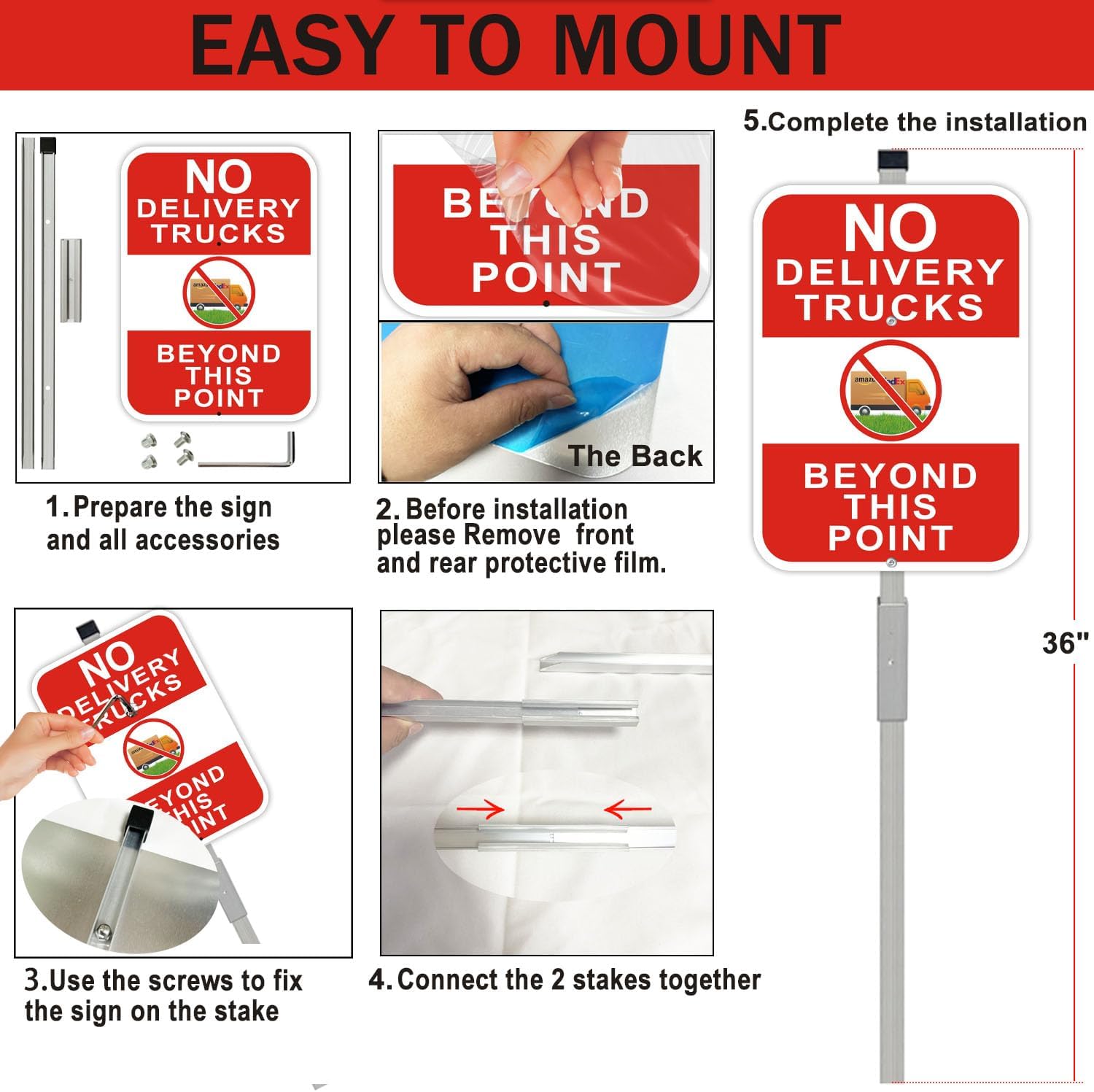 No Delivery Trucks Sign, 10 x 14 inches, 2-Pack with 36-inch Metal Stakes, Red and White Aluminum