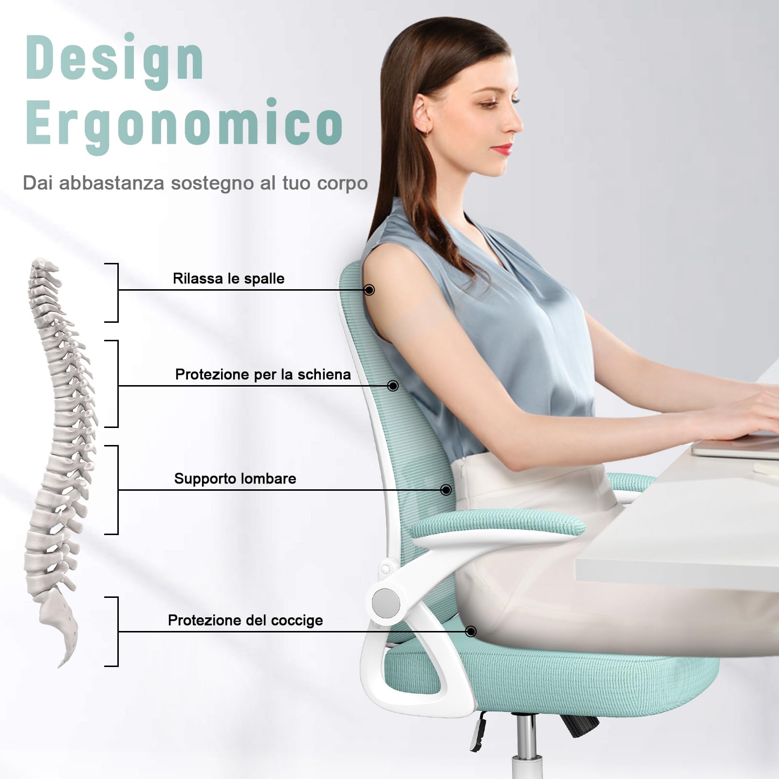rattantree Sedia da Ufficio con Supporto Lombare, Sedia Ufficio Ergonomica con Braccioli Regolabili in Rete Traspirante, Altezza Regolabile e Schienale Inclinabile (senza poggiatesta, Green)