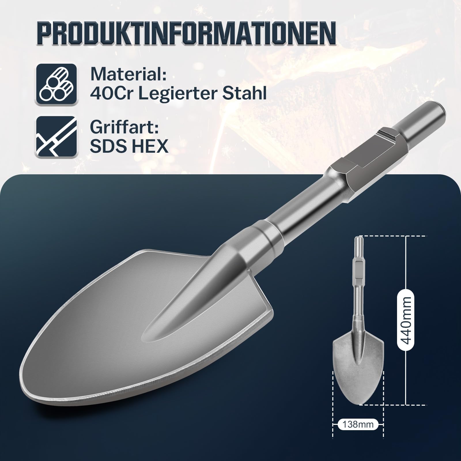 SDS HEX shovel chisel 138 x 440 mm hexagonal socket 30 mm, sharp tip type shovel chisel with plastic case - Image 2