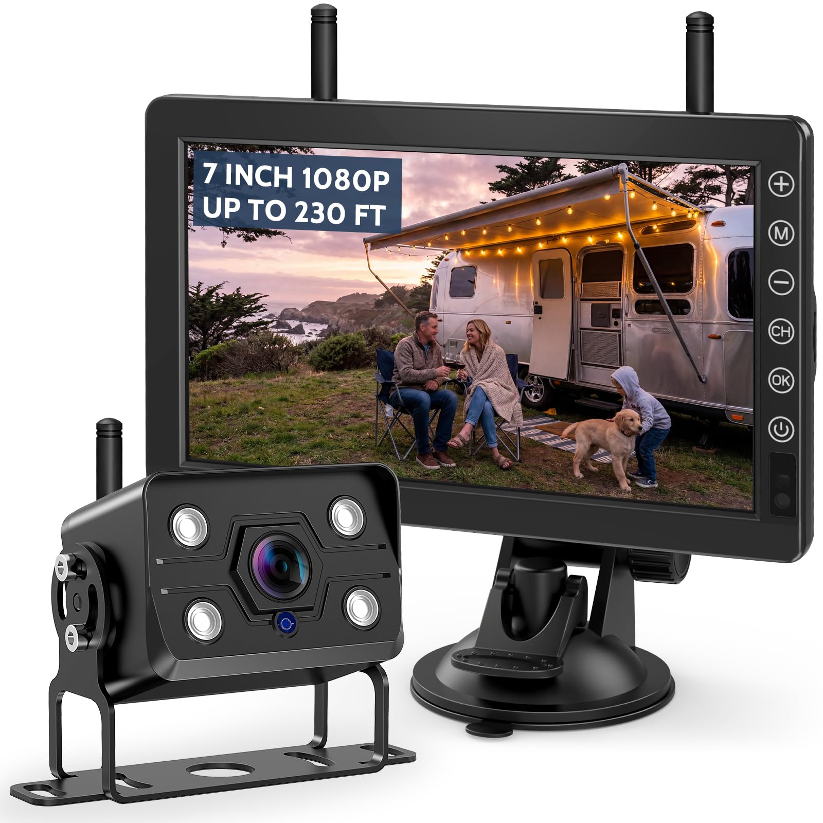 Telecamera Posteriore Senza Fili per Auto con Monitor da 7 Pollici, Visione Notturna 1080P, Impermeabile IP69, Segnali Digitali Stabili, Grandangolare 170° per Camper, Camion, Roulotte(VE-7B)