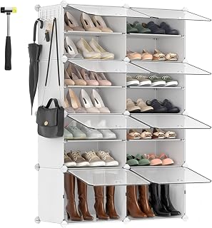 SONGMICS Plastic Shoe Cabinet, 8 Compartments, Modular Shoe Rack, Modular Plastic Shelf, 30 x 40 x 30 cm Each Bucket, with Door, Steel Frame, Plastic Panel, White LPC034W01