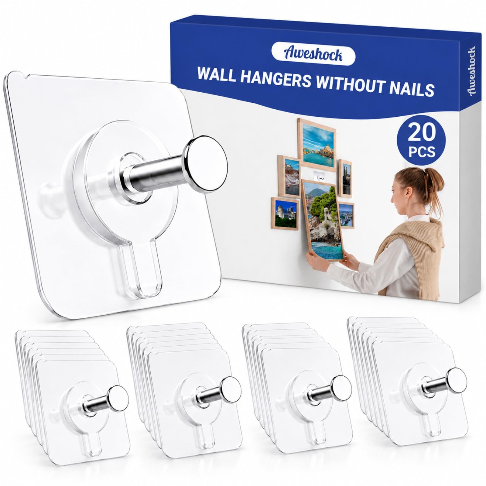 Photo 1 of Aweshock Picture Hangers Without Nails, Nail Free Wall Hangers,20 Counts Adhesive Wall Hooks for Hanging with Waterproof and Oilproof,13 lbs Load Max