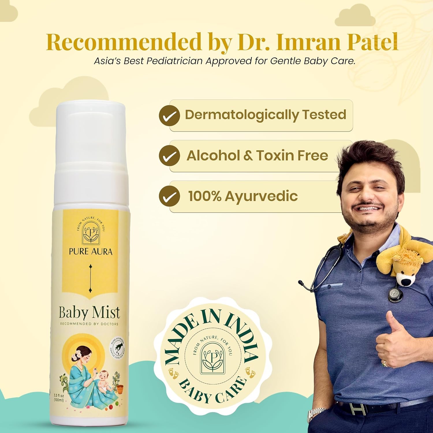 Pure Aura Baby Mist Perfume 100ml – Doctor Recommended Hydrating Baby Body Mist & Perfume for Newborns & Kids | Gentle, Refreshing & Chemical-Free Skin Care Spray