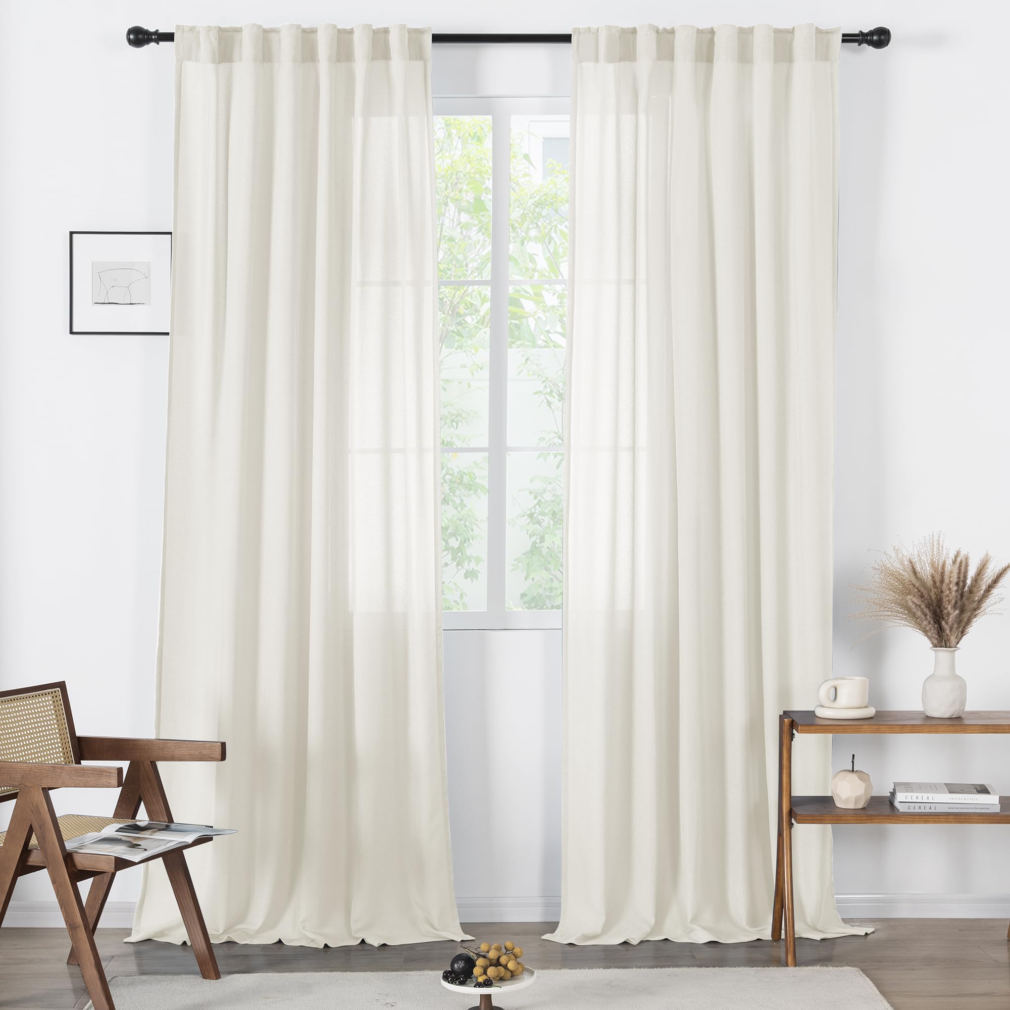 MAIHER Semi Sheer Natural Linen Curtains for Kitchen 63 inch Long, Rod Pocket and Back Tab Privacy Window Drapes Light Filtering for Bedroom/Nursery (52" W x 63" L, 2 Panels)