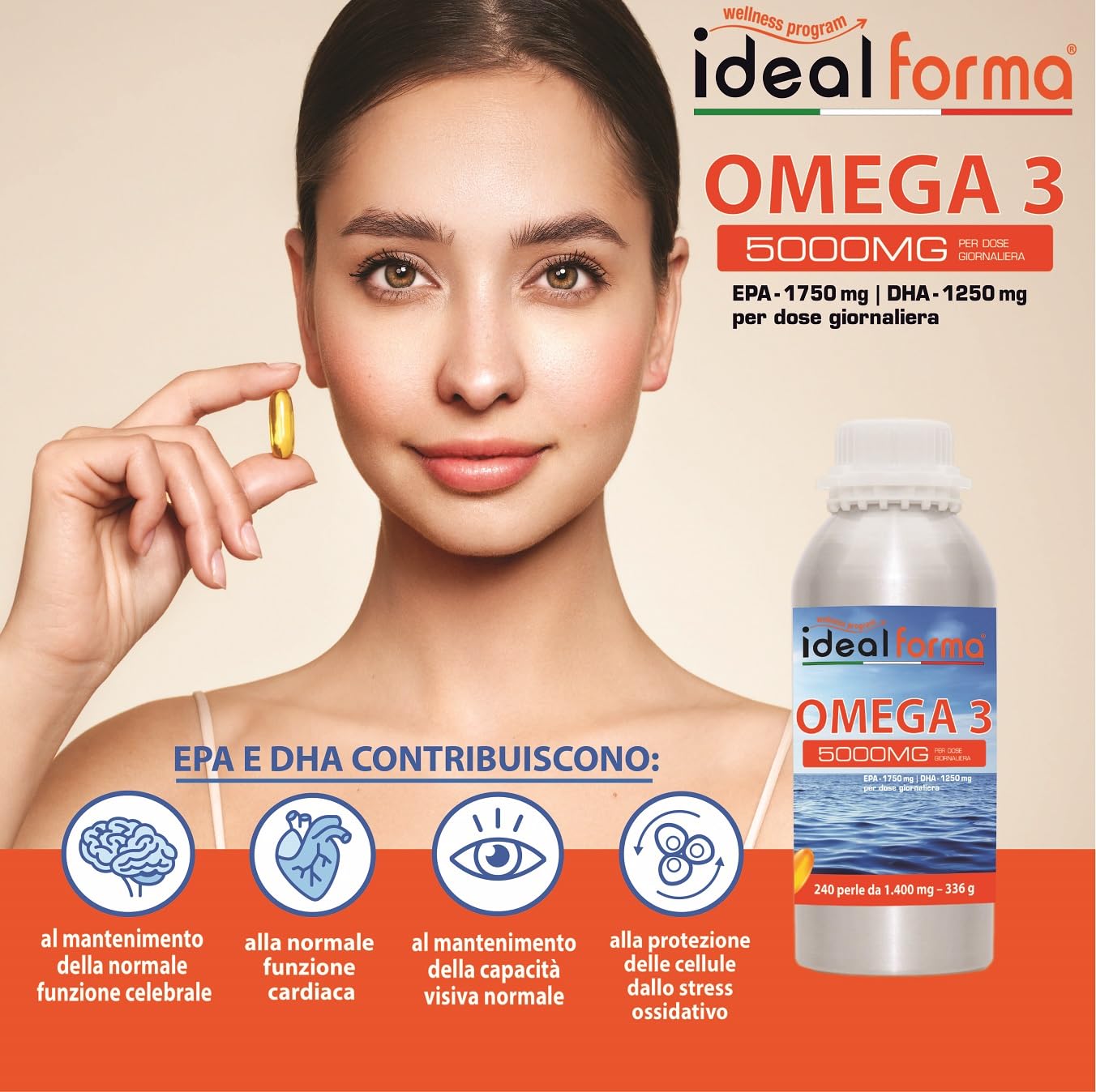 Omega 3 olio di pesce Idealforma 240 perle ad elevata concentrazione - senza ritorno di gusto - flacone di alluminio