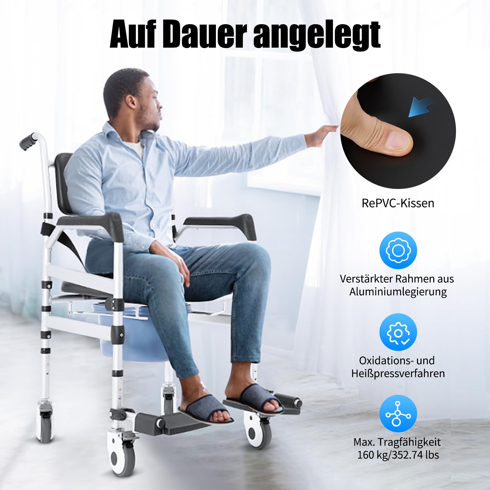 Dusch-Toilettenrollstuhl mit 4 Feststellbaren Rädern, 3-in-1 WC-Duschstuhl Faltbar Toilettenstuhl Senioren Tragbarer Badezimmerstuhl, 160kg Tragfähigkeit Rutschfester für Behinderungen Schwangere