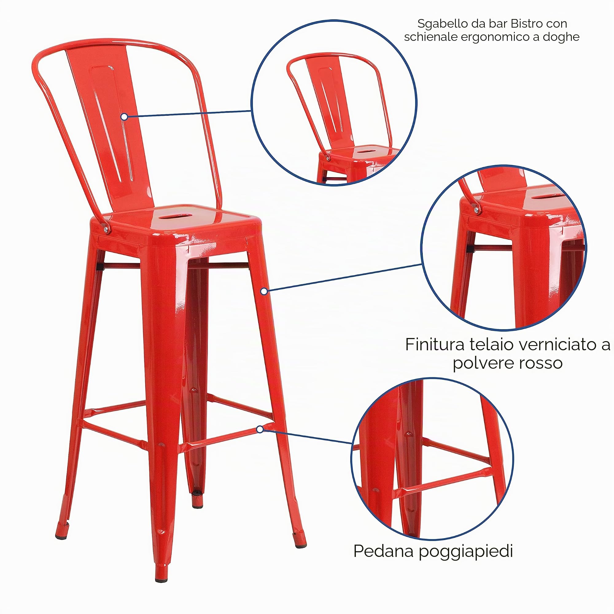 Flash Furniture Lily Commercial Grade Sgabelli da Bar per Interni ed Esterni in Metallo Rosso Alto 30" con Schienale Rimovibile, Confezione da 4