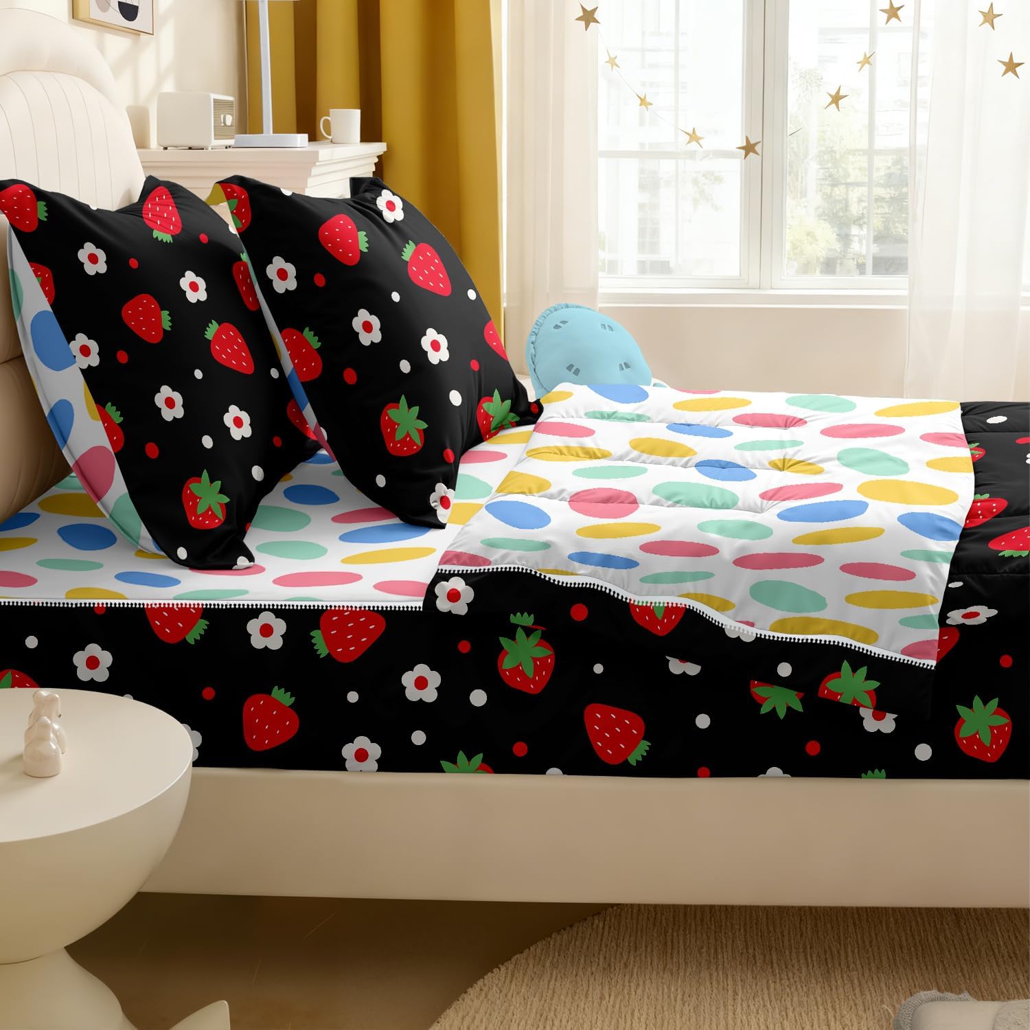 Kids Comforter Set,Zipper Bedding Twin for Girls,Strawberry Printed Comforter Set with Color Spots Fitted Sheets and Pillowcases for All Season(Strawberry Twin)