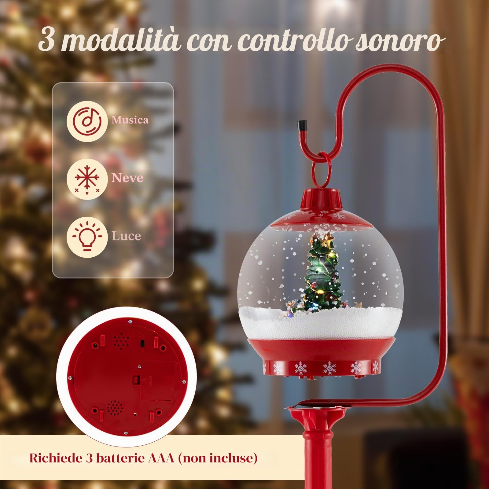 SOARS Decorazioni Natalizie, Lampione Natalizio con Neve 170 CM, Musica, Lanterna Natalizia Sfera di Cristallo Girevole a 360°, Fiocchi di Neve, Albero di Natale, Addobbi Natalizi per Esterno Interno