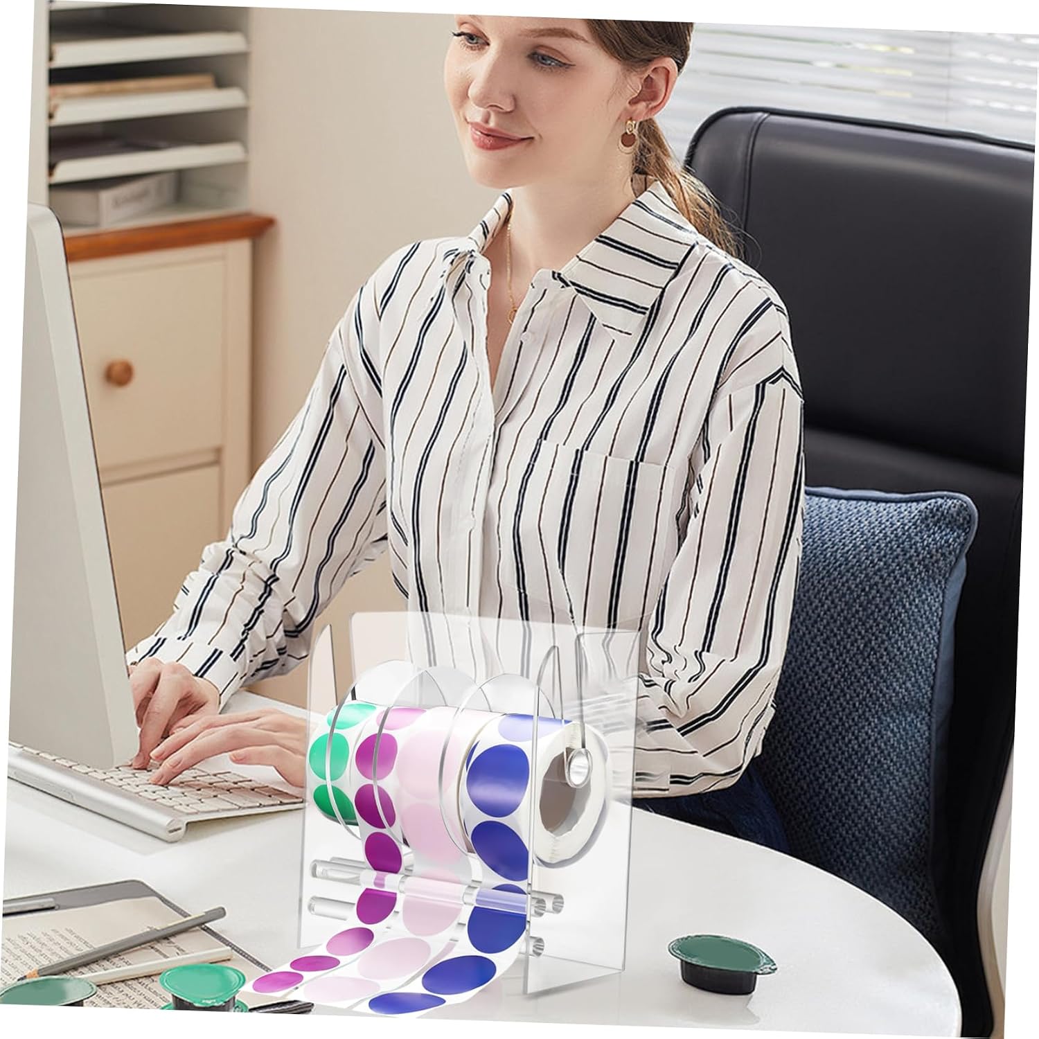 jojofuny Sticker Dispenser: Manual Adjustable Label Dispenser - Clear Acrylic Sticker Roll Holder - Desktop Label Organizer for Office and Home