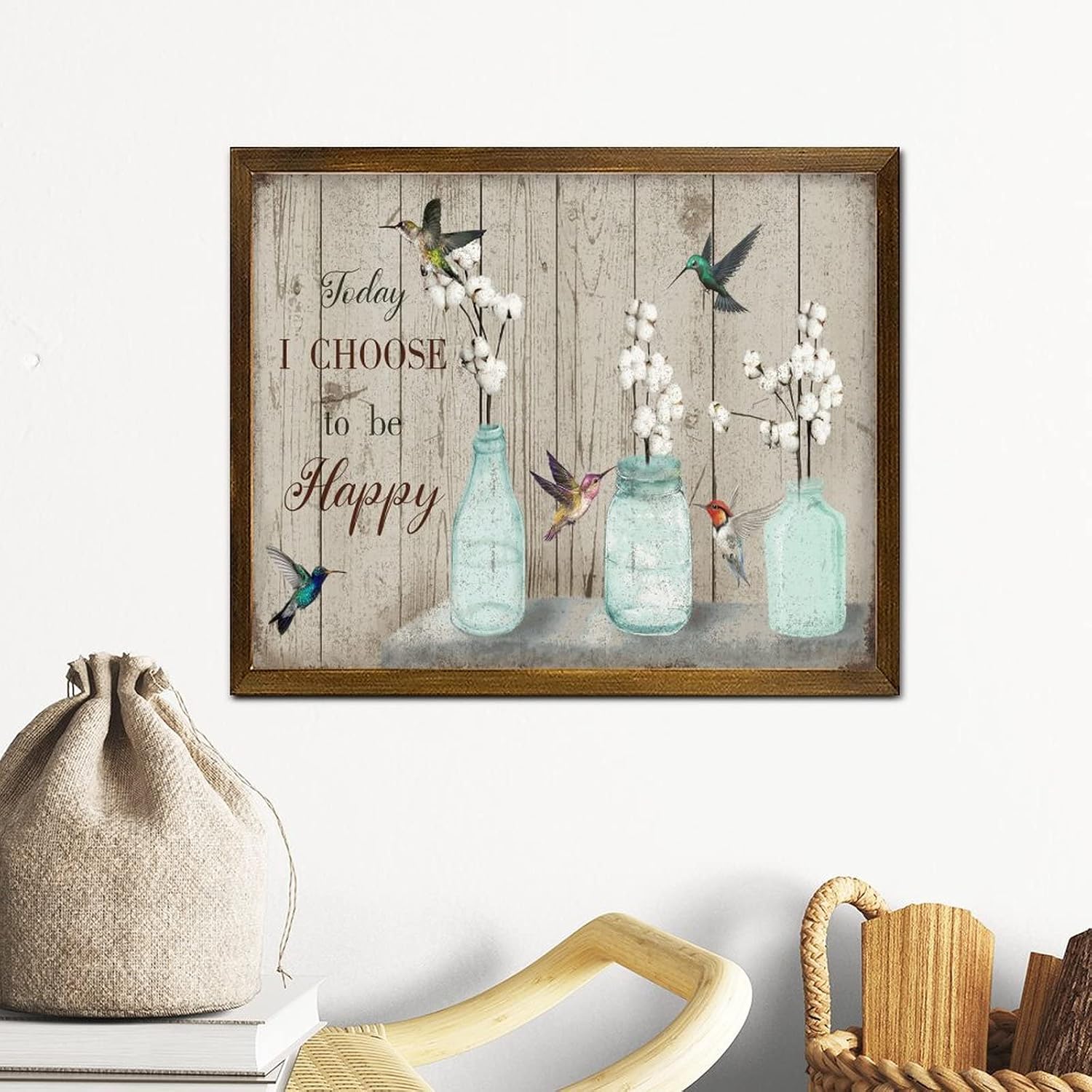 Today I Choose to Be Happy Framed Wooden Signs Hummingbird Kapok Flower in Vase Porch Sign Retro Botanical Artwork Home Wall Decoration for Home Front Door Entryway Porch 16x20 Inch