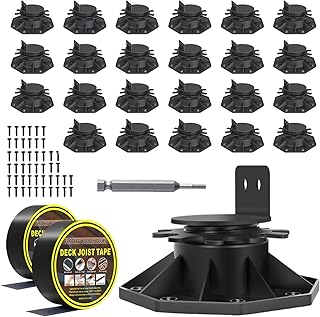 24 Pack Adjustable Deck Support Pedestal, Deck Foundation Base Support for Floating Deck Platform, Deck Floor Height Adjustment from 1-3/16" to 2-3/8", Matching Screws,Screwdriver & Joist Tape