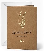 Wedding Card 10.5 x 15 cm Wedding Greeting Card Made of High-Quality Kraft Paper with Gold Foil Embossing Hand in Hand Includes Envelope and Gold Foil Sticker