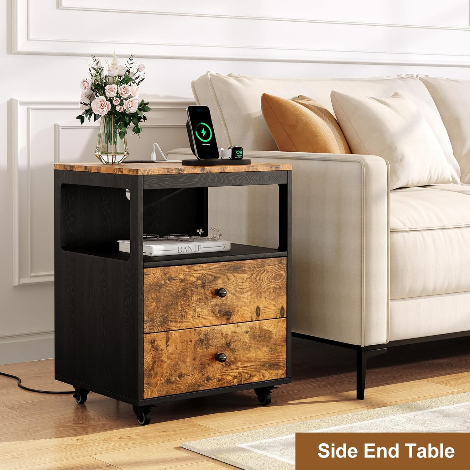 Bedroom Nightstand with Charging Station, Side Table with 2 Drawers,Sofa End Table Living Room with Wheels for Living Room Bedroom Office(Rustic Brown + Black)