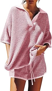 Womens Sweater Set 2 Piece Outfits Oversized 3/4 Sleeve V Neck Knit Tops High Waisted Shorts Lounge Sets
