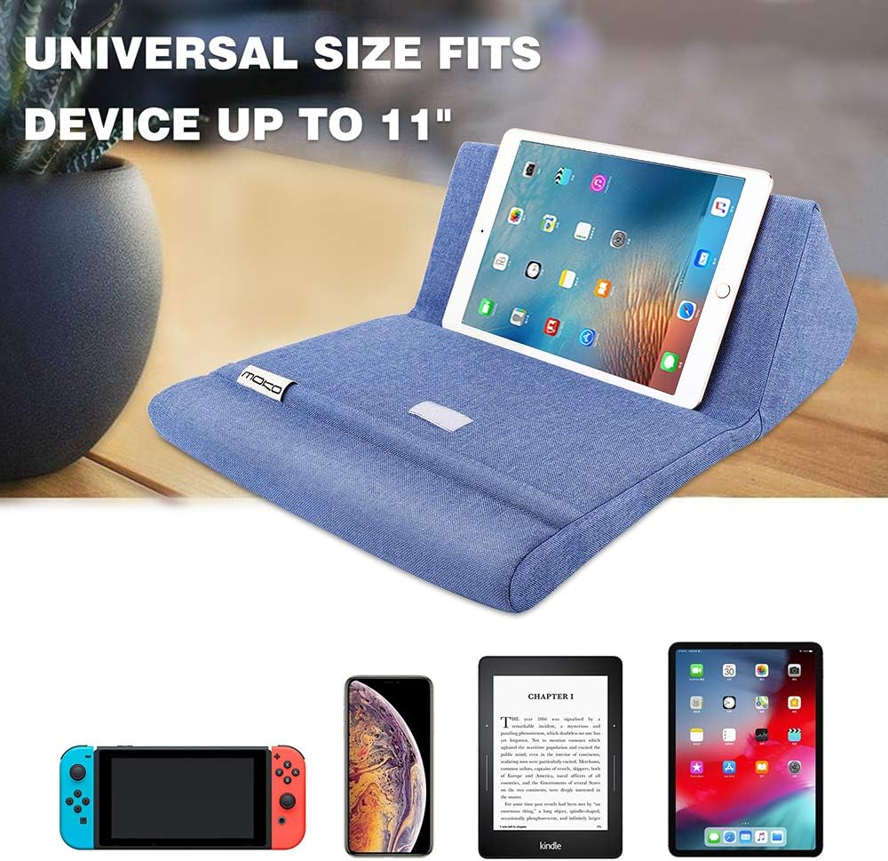 Moko Tablet Pillow Stand, Soft Bed Pillow Holder Xmas Gift for up to 11" Pad, Fits iPad 10.2"(9th Gen), New iPad mini 6 8.3" Air 4/3, iPad Pro 11/10.5/9.7, Mini 5 4, Galaxy Tab S6/S7 11", Denim Blue