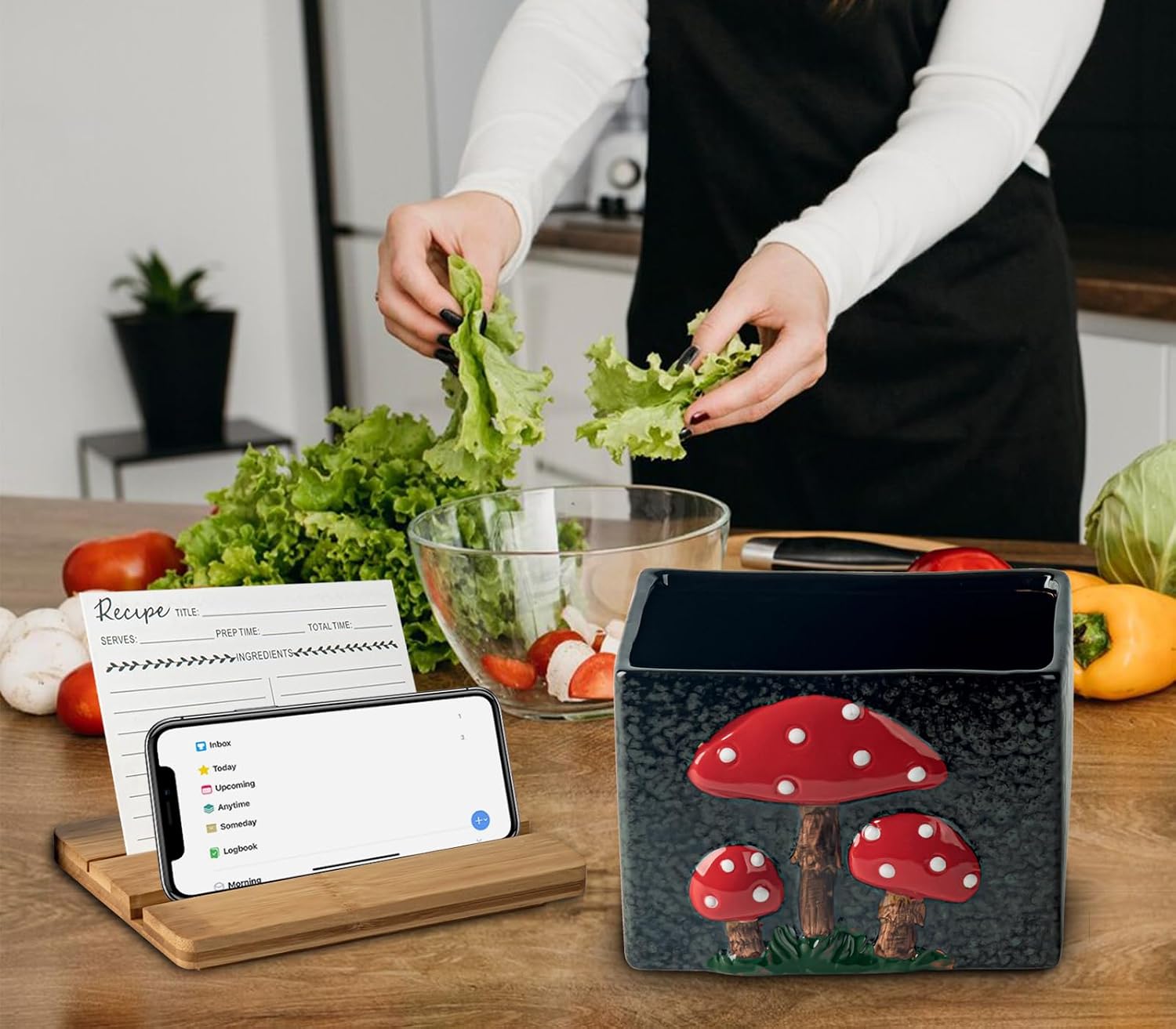 dgudgu Mushroom Recipe Box With Cards And Dividers - Ceramic Recipe Card Box - Cute Black Recipe Box Set With Bamboo Lid