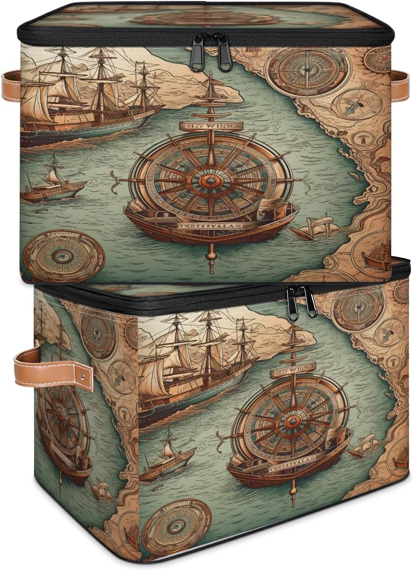 Storage Bin Set of 2 Nautical Compass Storage Basket with Zipper Lid & Handle Foldable Closet Shelf 2 Pack Cloth Organizer Basket Cube Bins Clothes Organizer for Nursery, Bedroom