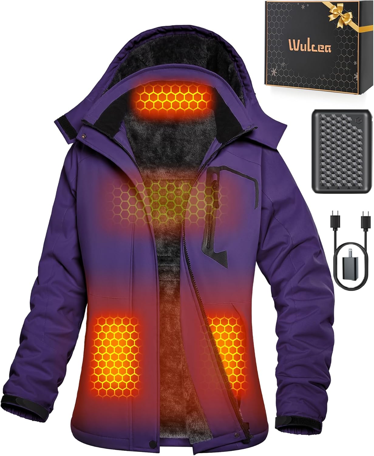Wulcea Graphene Heated Jacket for Women Fur Lined with Large Capacity Battery Pack