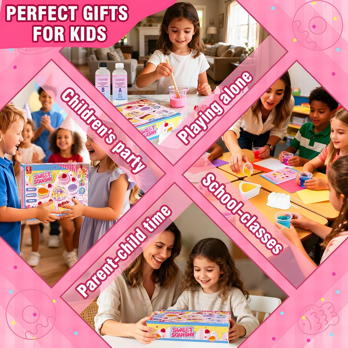 BEIREG DIY Sweet Squishy Making Kit - Make Your Own Dessert Squishies 6 Molds & 18OZ AB Silicone - Donut, Macaron, Taiyaki & More for Stress Relief Craft Gift for Girls Kids Party Favors