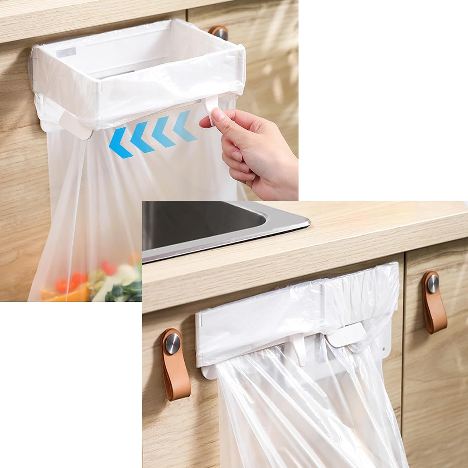 Space-Saving Foldable Trash Bag Holder, Wall Mounted Foldable Kitchen Trash Can with Magnetic Closure, Hanging Waste Garbage Can with Fixing Snap, For Cabinet Doors, Bathroom, Table Sides (2White) image 2