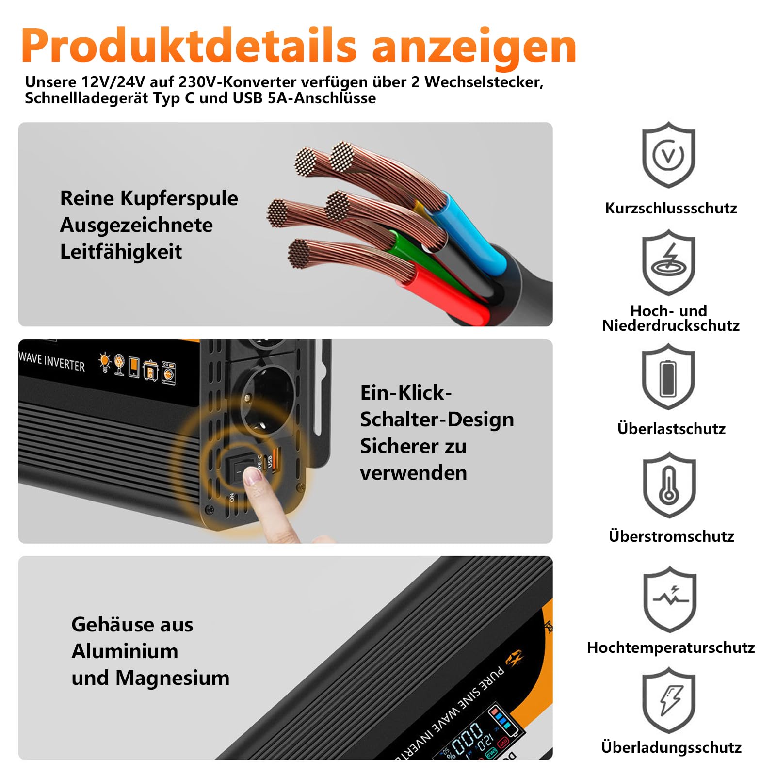 Przetwornica napięcia DC 12 V/24 V na AC 230 V, falownik sinusoidalny, czysty przetwornik sinusoidalny, 1300 W, 3000 W, z 2 europejskimi gniazdkami, wyświetlaczem USB i LCD, konwerter prądu do