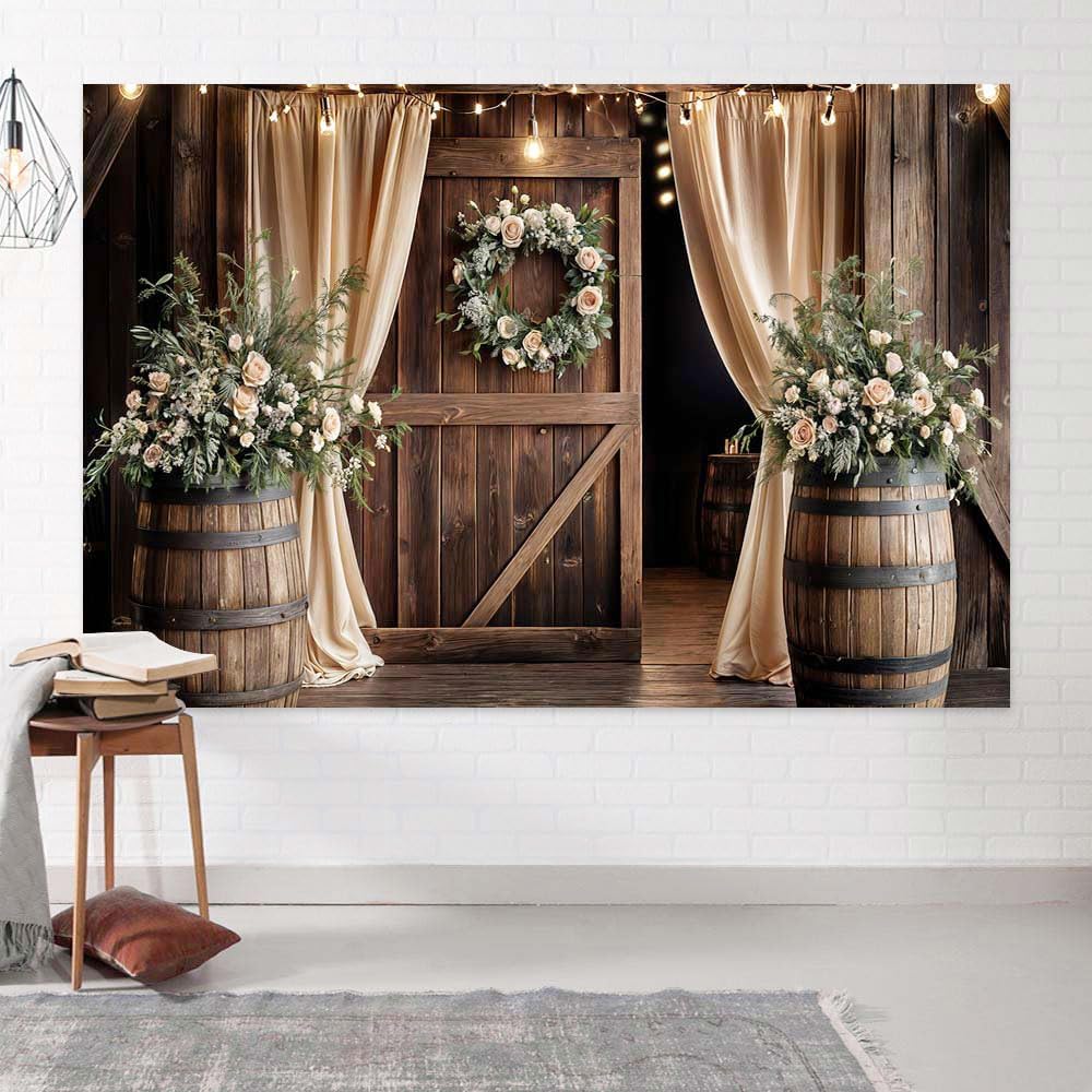 12X10ft Wooden Wedding Backdrop Banner Vintage Country Floral Barn Door Anniversary Photography Backdrops Western Rustic Plank Birthday Party Baby Shower Party Photographic Studio Photo Backgrounds
