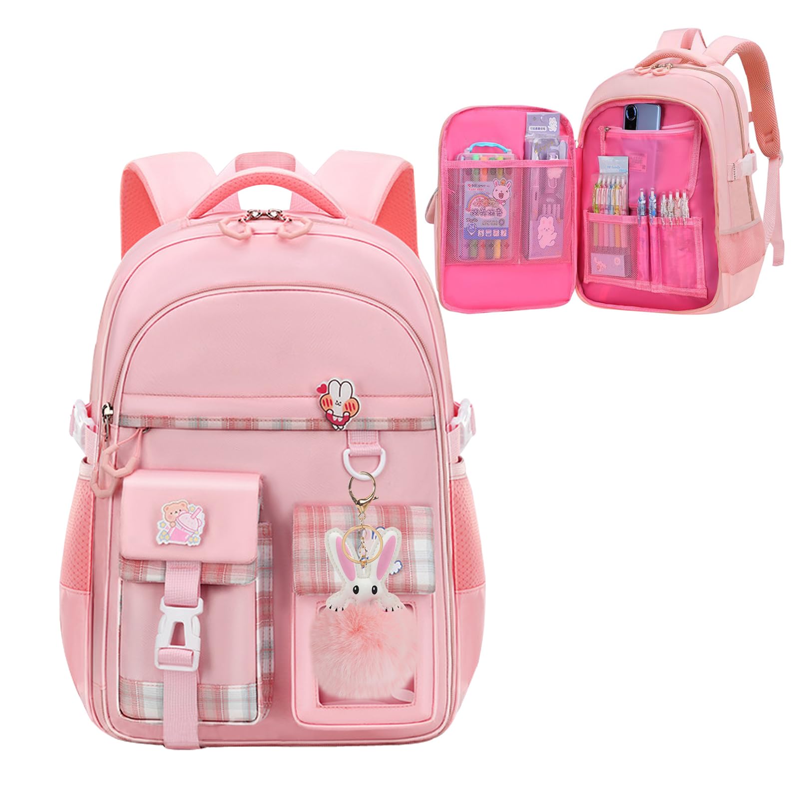 KEBEIXUAN School Backpacks for Girls Large Capacity Kids Kawaii Backpack School Bag for Girls 6-12 Years Old (Pink)