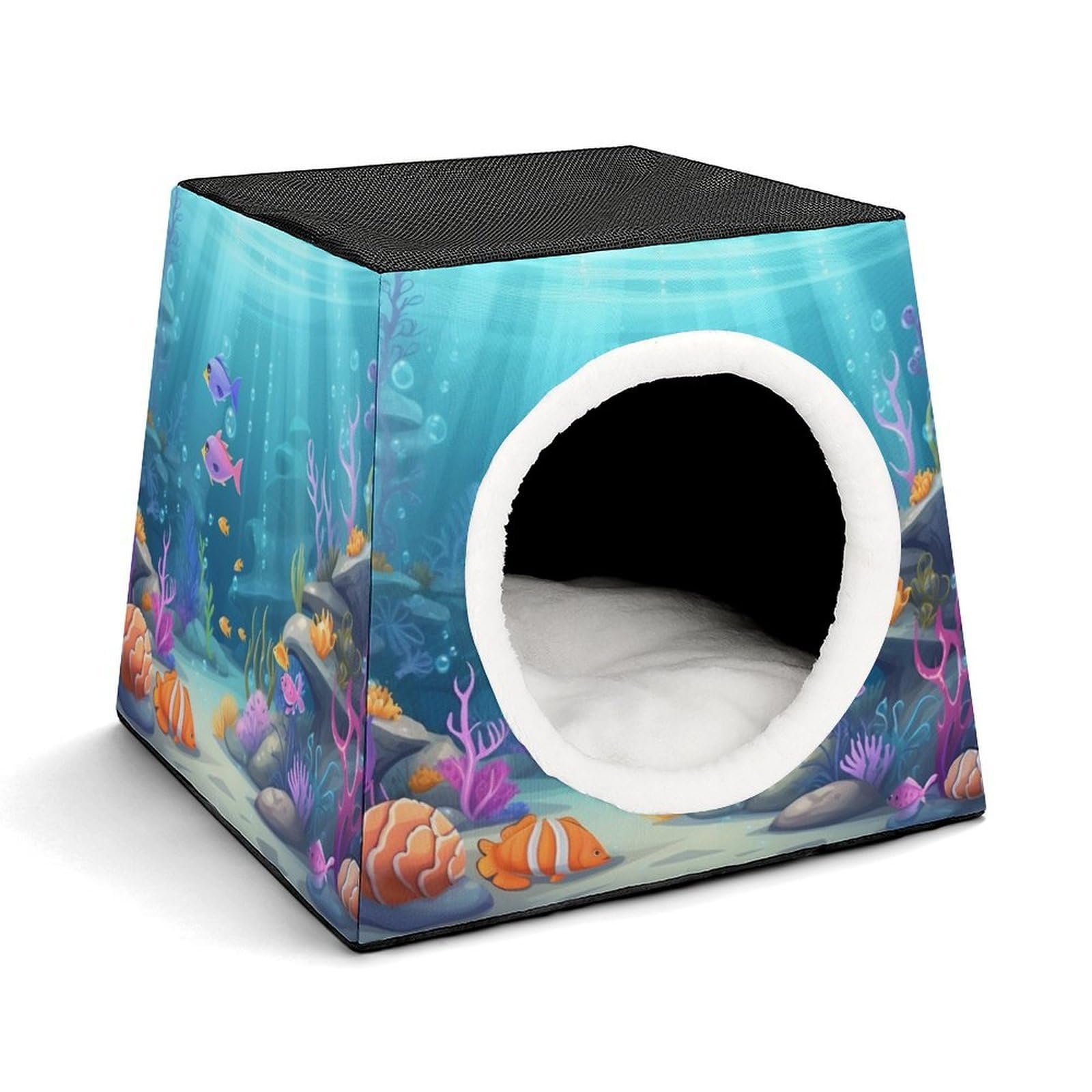 Under Sea Cat Bed for Indoor Cats - Foldable Cat & Dog House with Removable Cozy Cushion, Waterproof Oxford Washable Pet House for Small Pets 13.8" X 13.8" X 11.8"