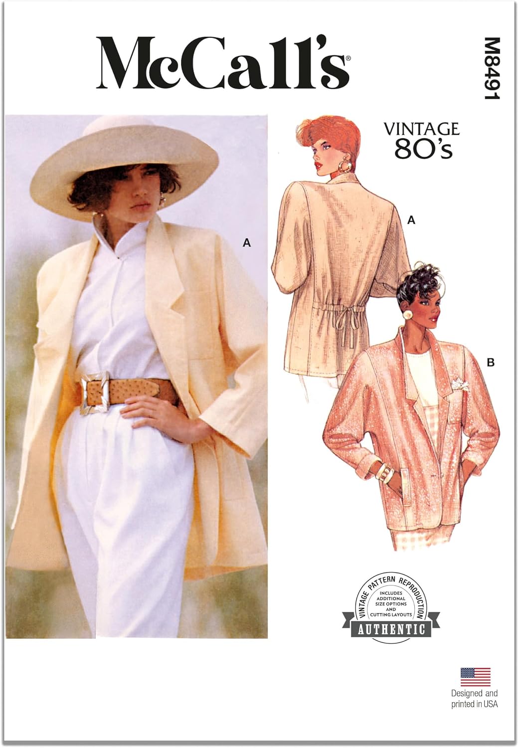 McCall's M8491A Vintage 1980's Misses' Unlined Jacket Sewing Pattern Packet, Design Code M8491, Sizes 8-10-12-14-16