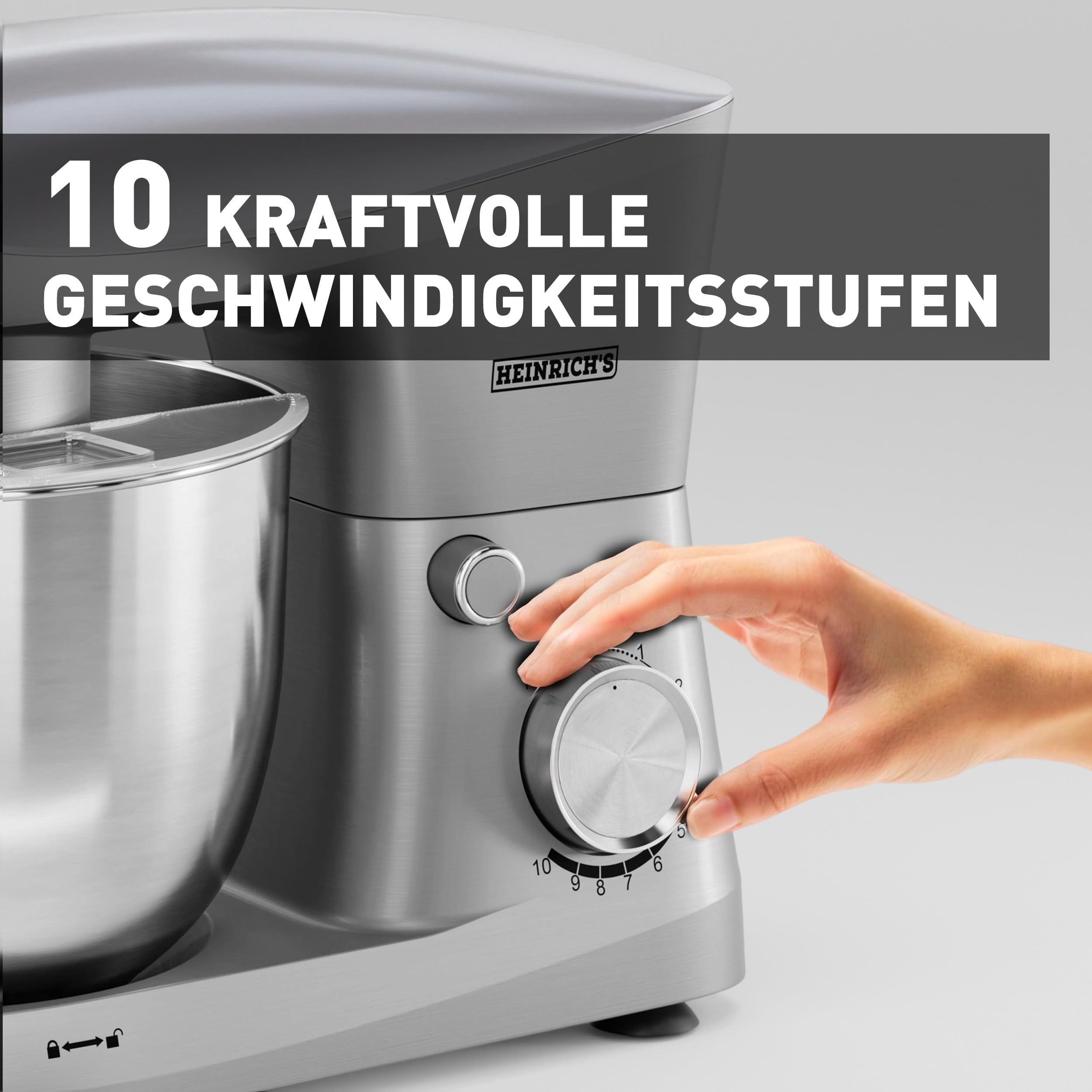 Heinrich´s Küchenmaschine, Knetmaschine, Teigmaschine, Rührmaschine, 1500W Küchengerät, Knethaken, Rührhaken, Schneebesen, 10 einstellbare Geschwindigkeiten, XL 6L Edelstahlschüssel,geräuscharm,silber