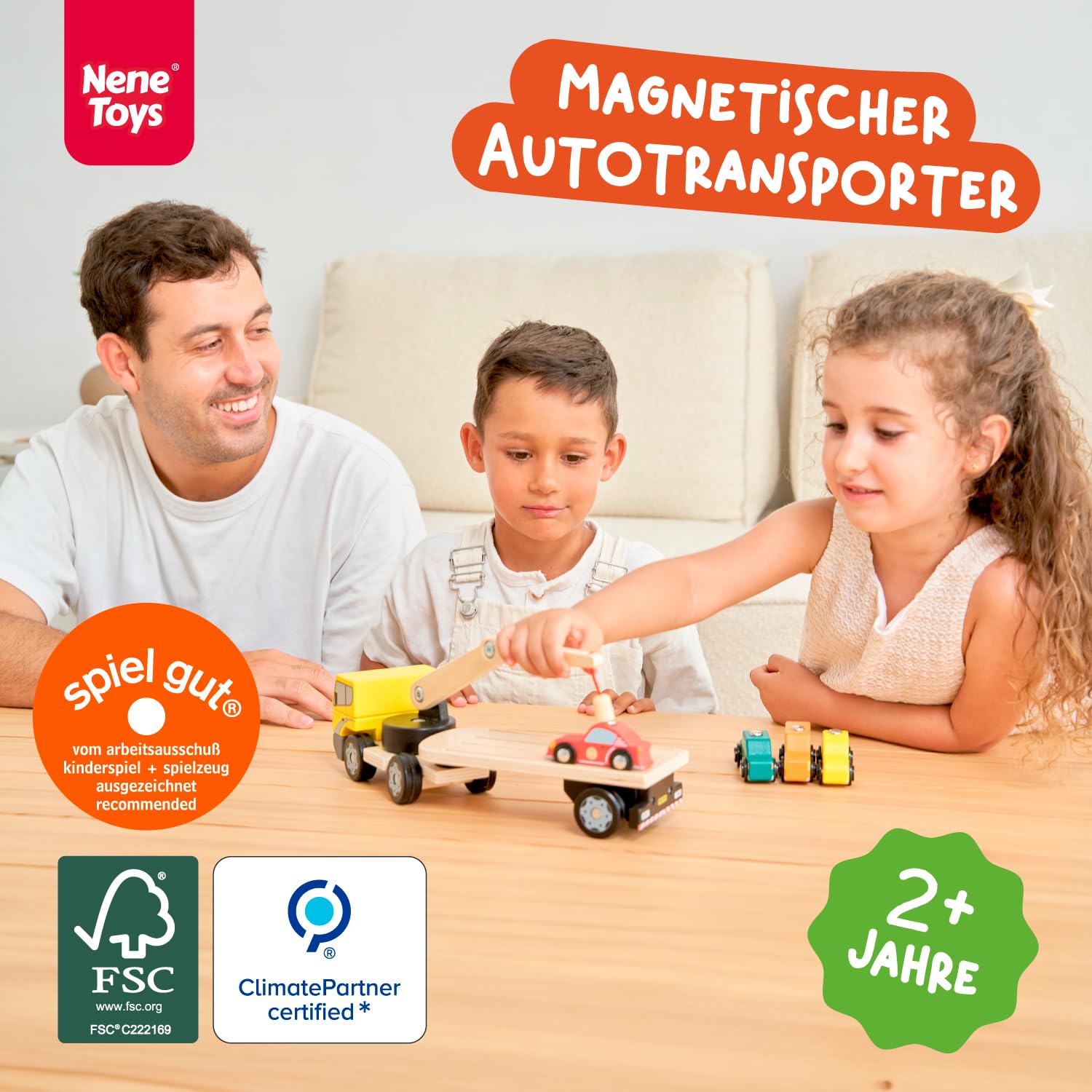 Nene Toys Autotransporter aus Holz mit Kran & 4 Magnet-Autos – Magnetspielzeug für Kinder ab 2 Jahren – Montessori Holzspielzeug & Lernspiel mit Fahrzeugen – Geschenk Jungen Mädchen 2 3 Jahren