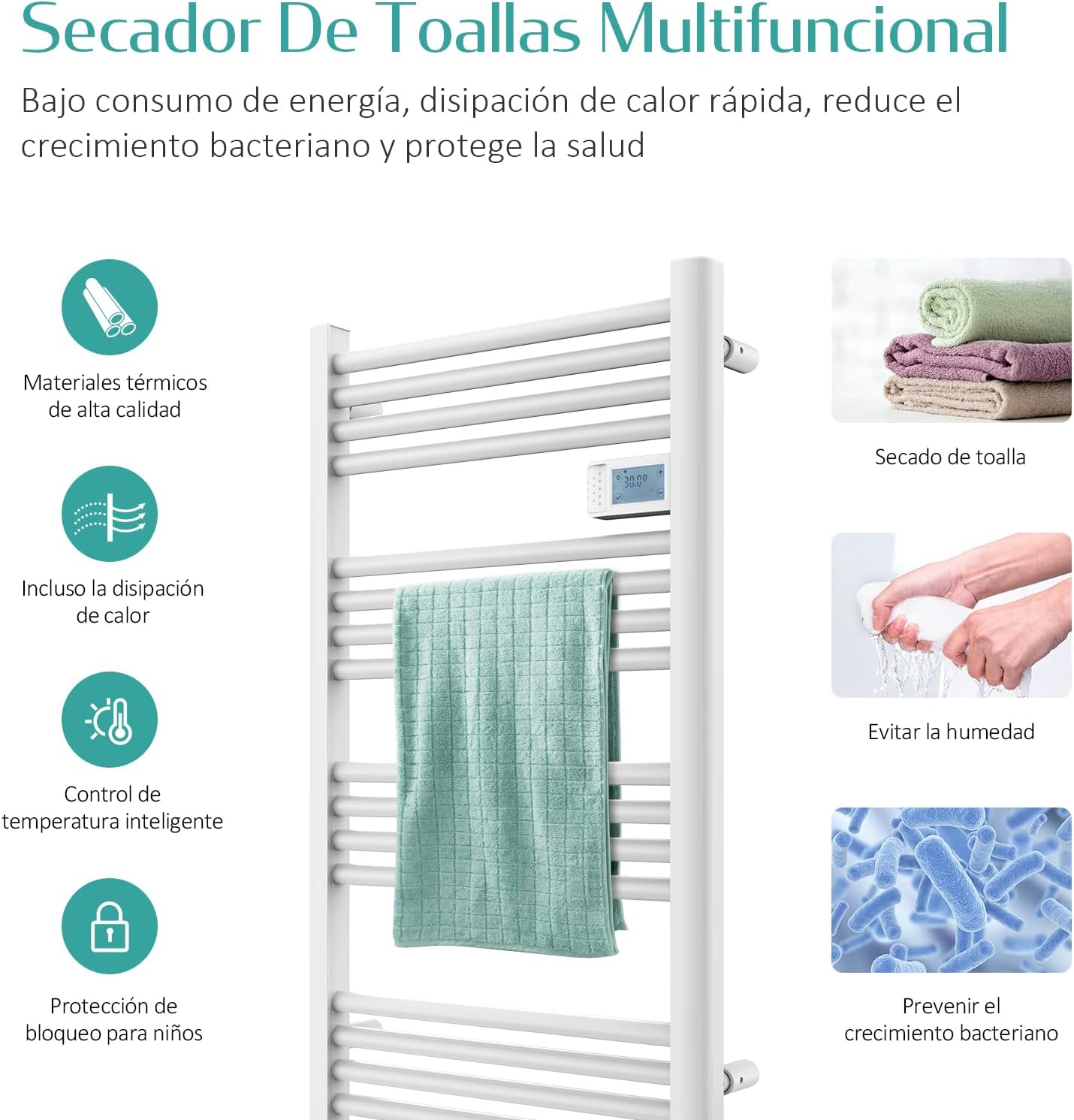 Diagram showing the multifunctional features of the EMKE Electric Towel Warmer, including high-quality materials, even heat, intelligent control, child lock, towel drying, humidity prevention, and bacterial growth prevention.