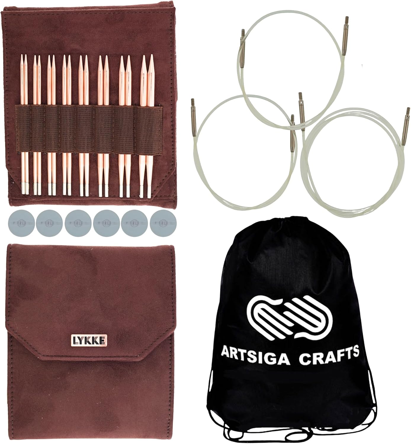 Lykke Cypra 5 in. Core Set US Sizes US 3, 3, 4, 5, 6, 7, 8, 9, 10 Interchangeable Circular Knitting Needles for Baby, DK, Worsted, Chunky Yarn, Copper, 3 Spin Cords, Brown Vgn Suede Case, Project Bag