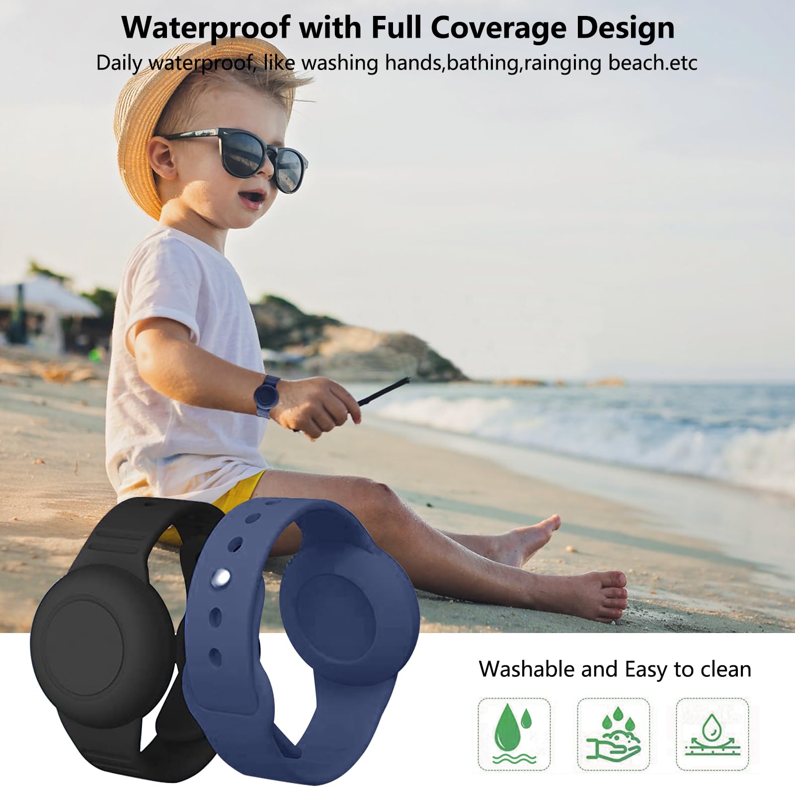 Aircawin for Waterproof Airtag Bracelet Kids,2 Packs Silicone Hidden for Airtag Wristband,Anti-Lost for Airtag Holder Case Toddler,for Airtag Case Cover Watch Band GPS Tracker for Child-Black+Blue — view 3