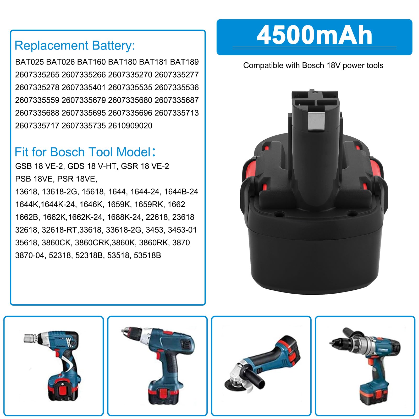 18V 4500mAh NI-MH Batería para Bosch BAT025 BAT026 BAT160 BAT180 BAT181 BAT189 2607335266 2607335535 2607335536 13618 1644 GSB 18 VE-2 PSR 18VE-2 PSB 18 VE-2