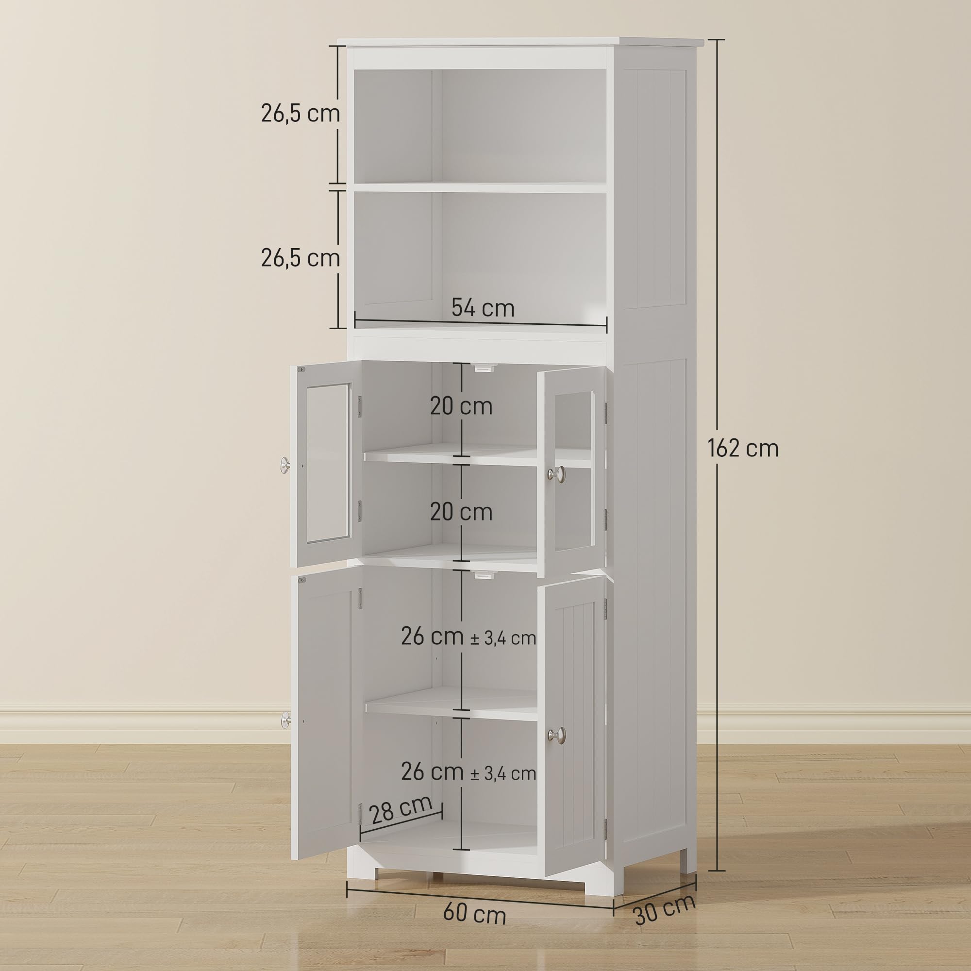 HOMCOM Alacena de Cocina Aparador de Comedor Armario de Cocina con 4 Puertas 2 Estantes Abiertos y Estante Ajustable para Salón 60x30x162 cm Blanco