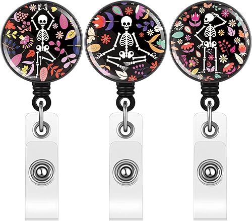 Tenare Carrete retráctil de 3 piezas para tarjetas de identificación con diseño de radiología para el Día de los Muertos, huesos, esqueleto, cráneo,