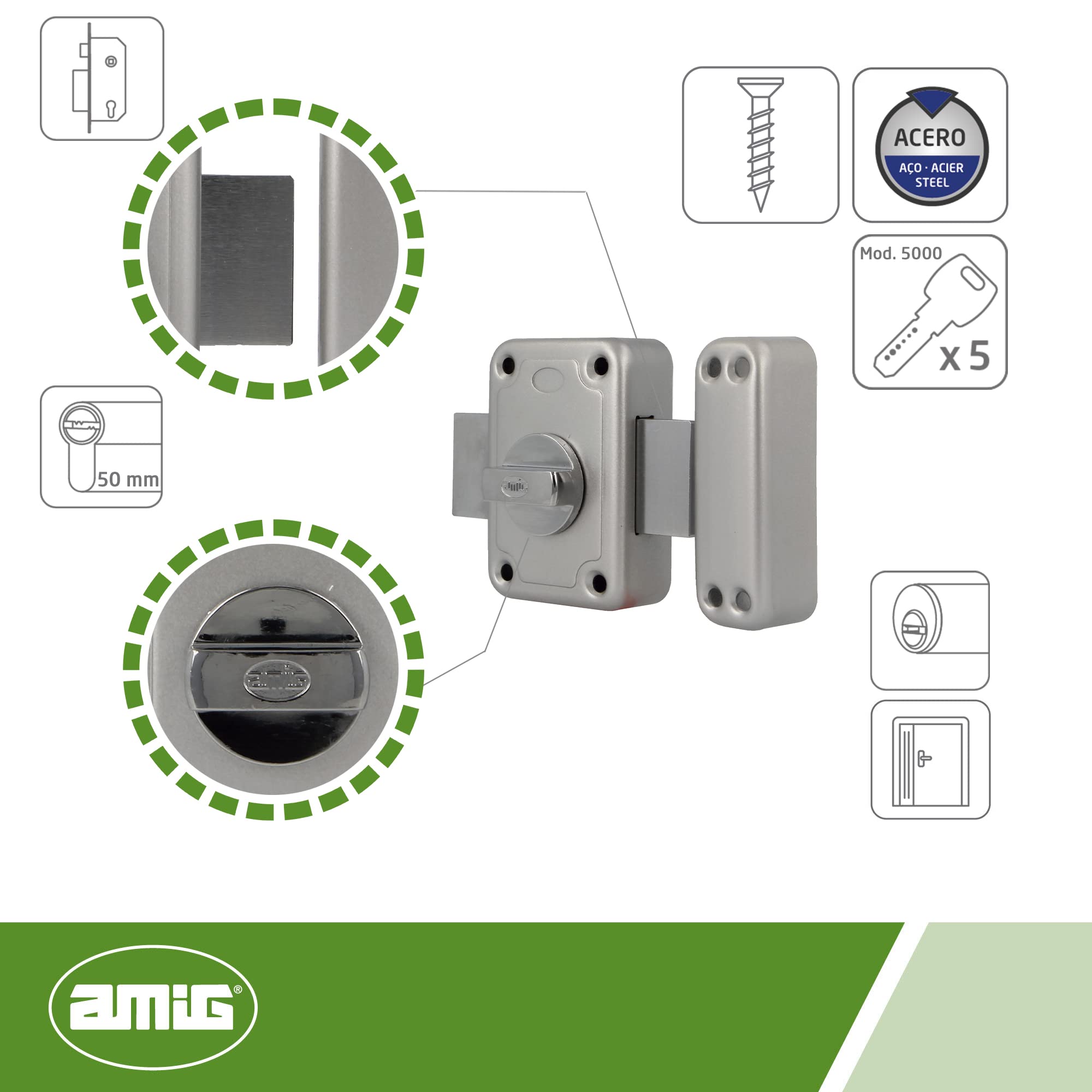 Amig - Cerradura de Sobreponer con Palanca de Cierre y Muletilla Interior para Puertas de Madera Mod. 80-96 x 66 mm - Pestillo Con Cilindro Redondo de Seguridad - Acero Esmaltado Plata
