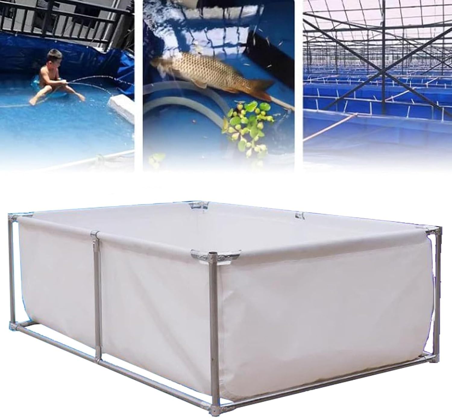 Agricultural Irrigation Water Storage Tank,Canvas Frame Fish Pond,Large Aquaculture Pool with Drain Valve,Temporary Holding Tank,with Metal Bracket for Koi Fish Turtles Swimming(White,2 * 1.5 * 0.7m)