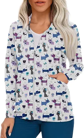 Scrub Jackets for Woman Zip Up Long Sleeve Tops Print Plus Size Womens Scrubs for Women Nursing Shirts with Pockets