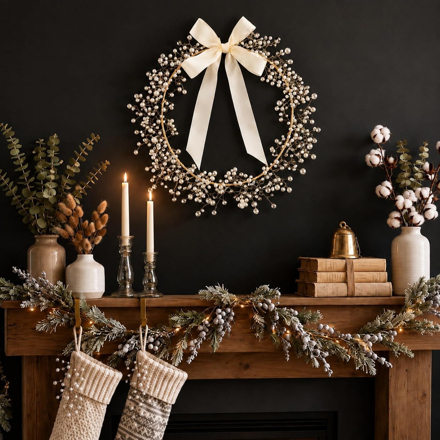Wavwavw 12" Christmas Crystal Pearl Wreath with 6.56 ft LED Fairy Lights