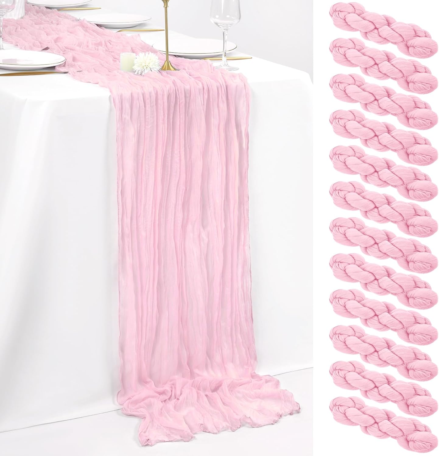 12 Pack 10Ft Light Pink Cheesecloth Table Runner 35 x 120 inch Boho Gauze Cheese Cloth Table Runner Vintage Rustic Sheer Runners for Wedding Bridal Shower Birthday Party Cake Table Decorations