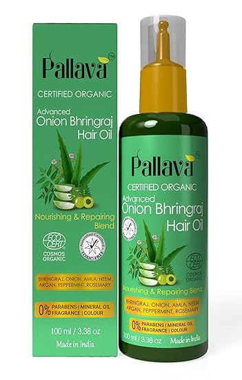 Pallava Organics Advanced Onion Bhringraj Hair Oil With Black Seed Oil for Hair Growth and Hair Fall Control - with Expert Root Applicator - for Men & Women - No Paraben, Mineral Oil, Artificial Fragrance & Colour, Ayurvedic Formula - 100ml